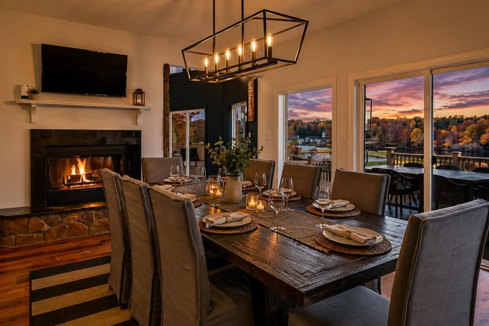 The spacious dining table accommodates up to 8 people