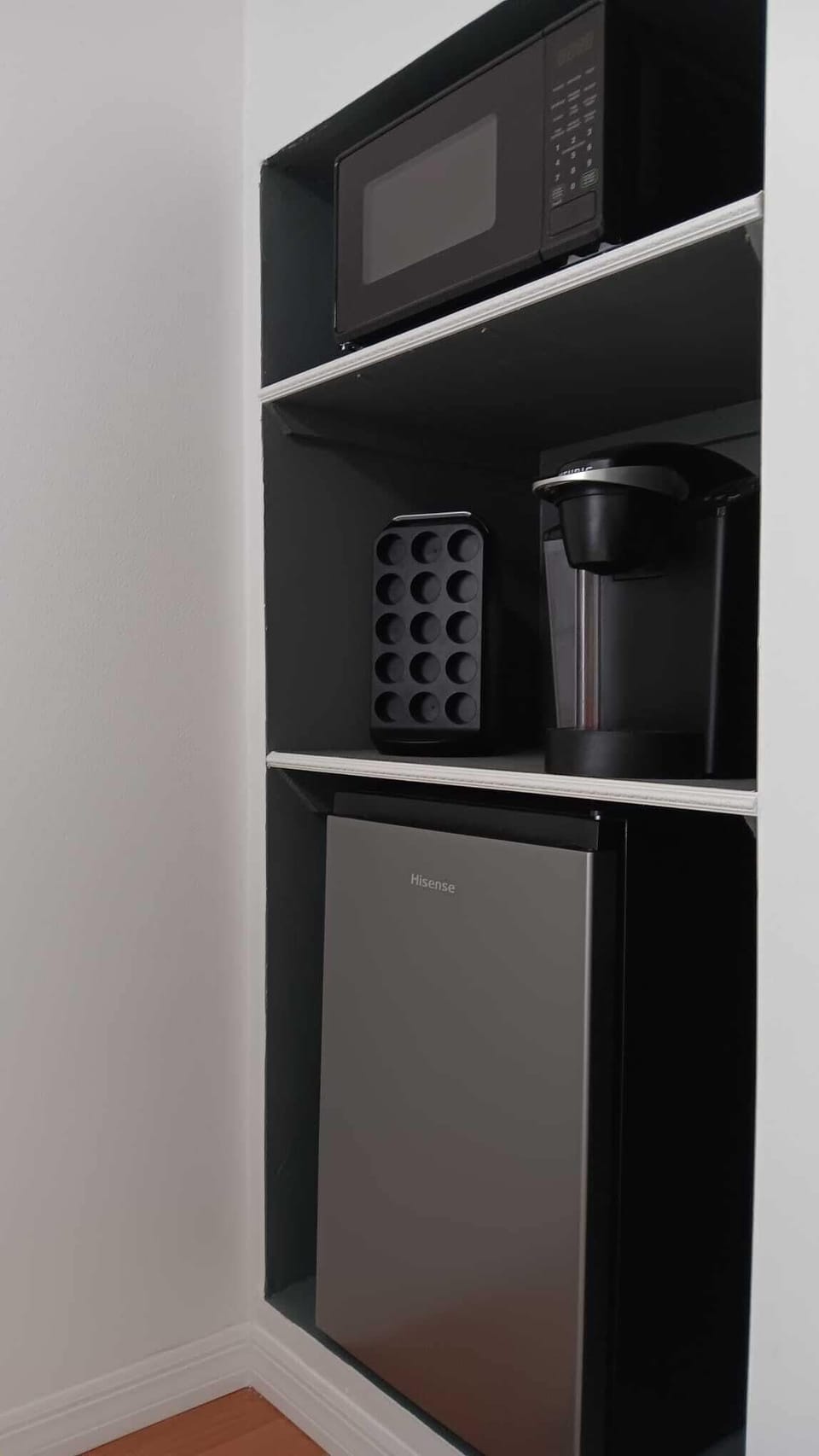 Microwave,  Keurig coffee maker with Colombian  coffee and chocolate K-cup . 