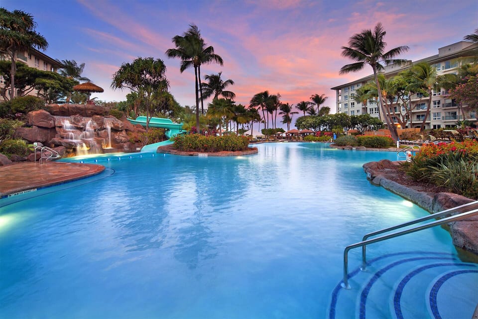 Oceanfront pool at sunset.