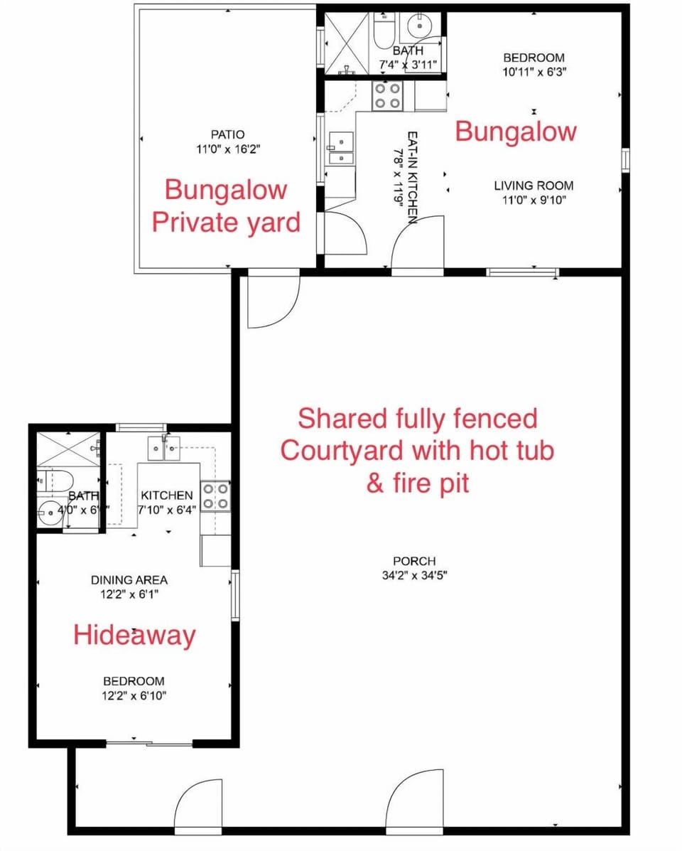Layout of both rentals, they can be rented together.