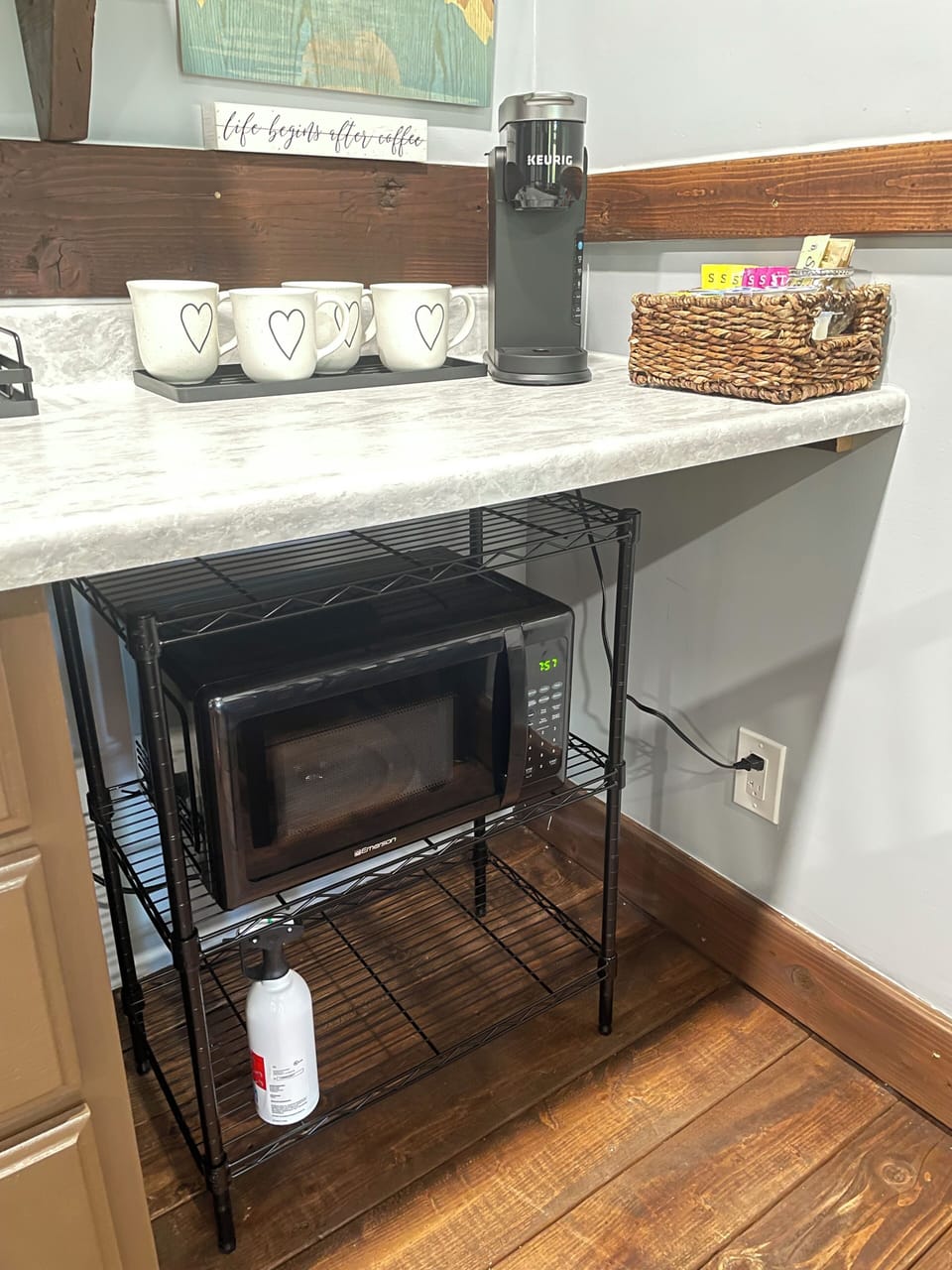 Coffee Corner with Keurig, coffee, tea and microwave. 