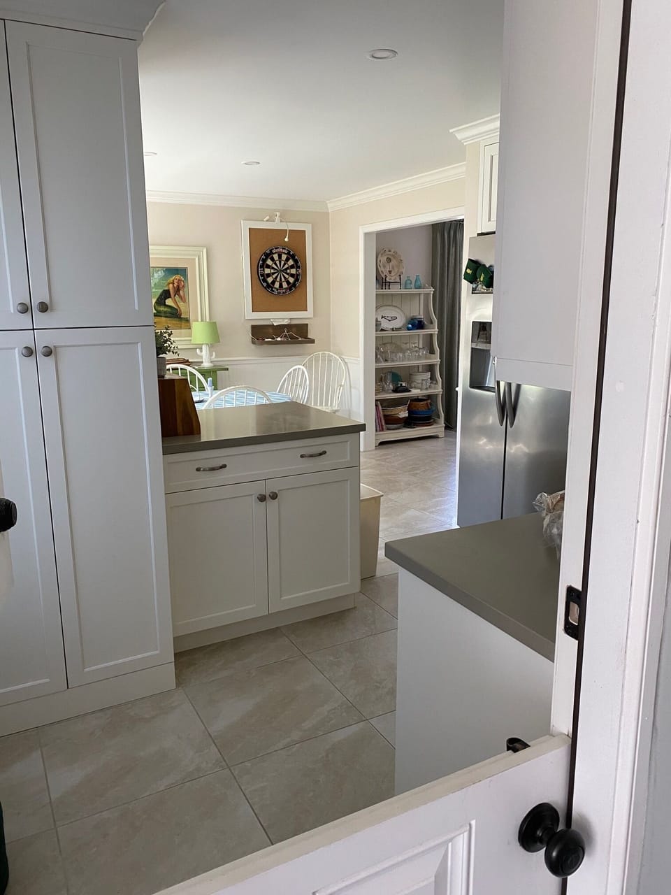 View of the kitchen from the side door.