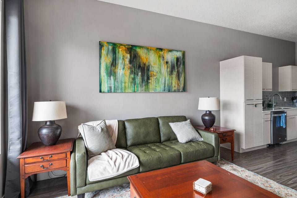 Stylish and spacious living room leading onto private balcony