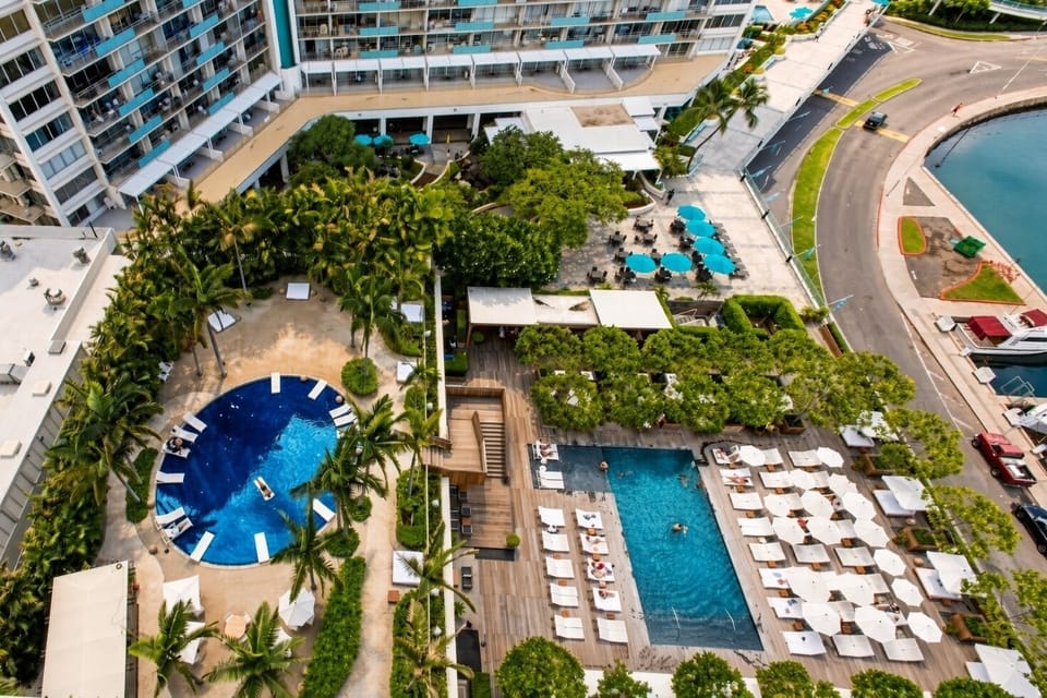 Pool Complex • Aerial Overview with Circular & Rectangular Pools