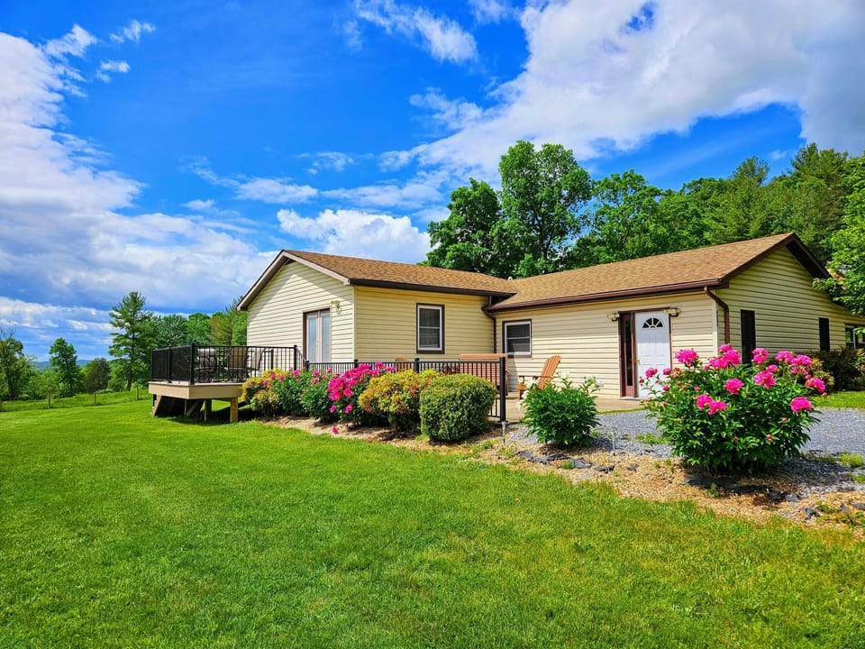 Early Summer view with bright pink peonies and vibrant blue mountain views!