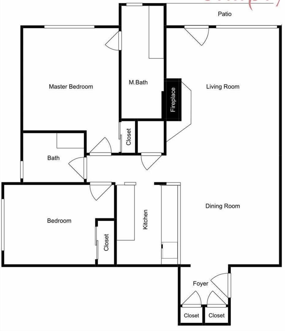 Spacious floor plan shows master bedroom, second bedroom, two full bathrooms, open living and dining areas, plus kitchen with pantry.