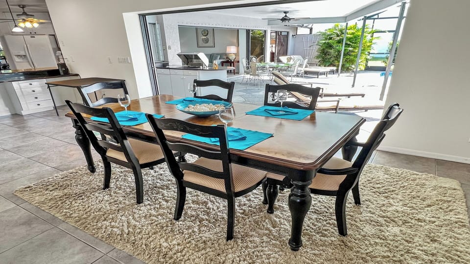 View of the pool terrace from the second dining area