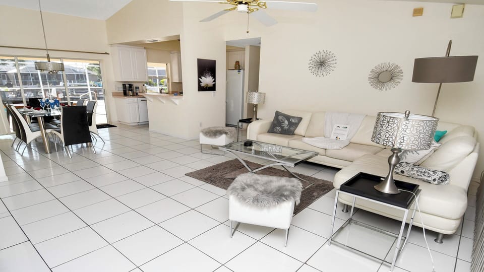 View of the living room, dining area and kitchen