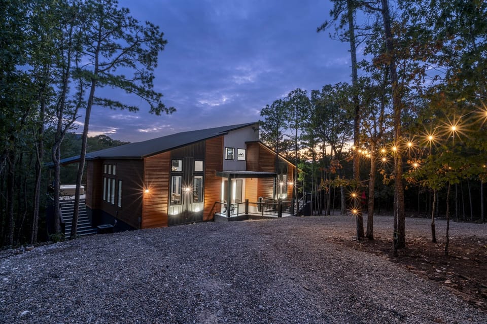 Front view of cabin at Night