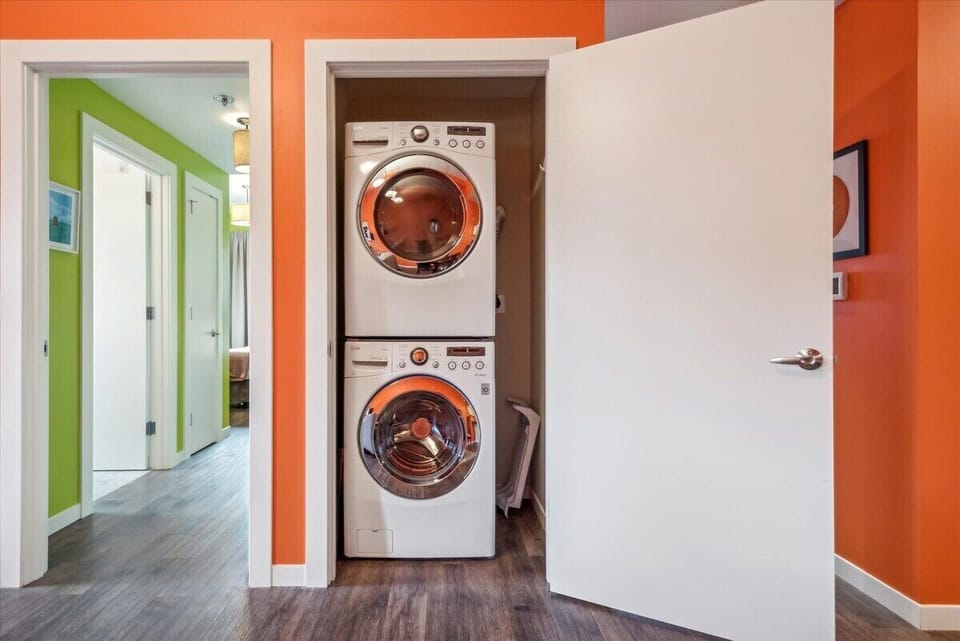 In suite washer and dryer, detergent packs provided.