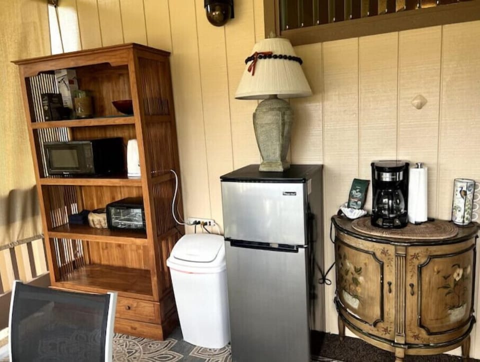 toaster oven, microwave, coffee pot, tea pot mini fridge with freezer & more. 
