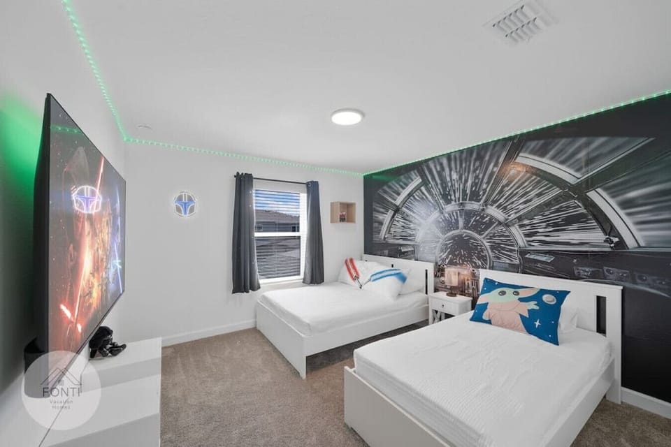 Star Wars Bedroom with FULL and TWIN Bed & 65` Smart TV#Disney #Parks #kingdom #springs #StoreyLake #Apartment #Vacation #Rental #waterpark #Kissimmee #Orlando #universal #citywalk