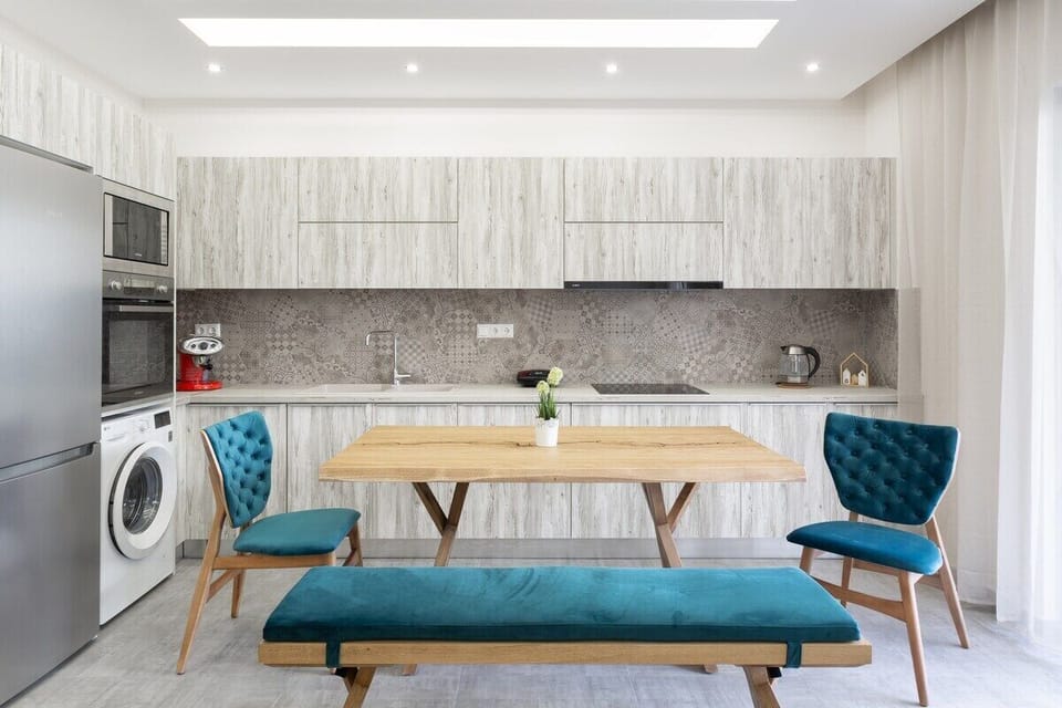 Large dining table in open kitchen