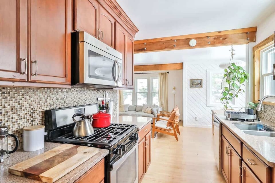 Kitchen | Stainless Steal Appliances | Microwave | Oven | Stove | Kettle | French Press Coffee | Cooking Basics