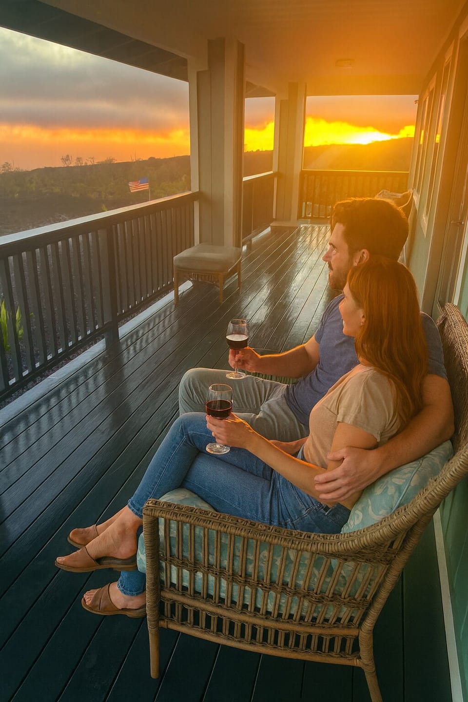 enjoying glass of wine on the lanai during a sunset