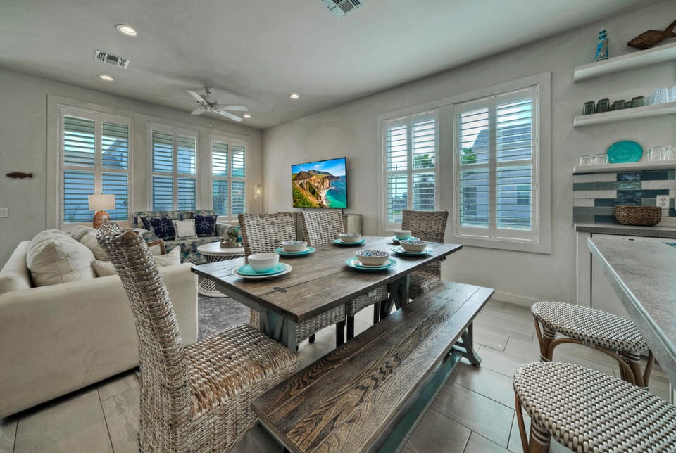 Wooden table and seating.