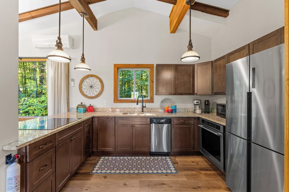 The kitchen is stocked to easily prepare a meal after a day on the slopes. 