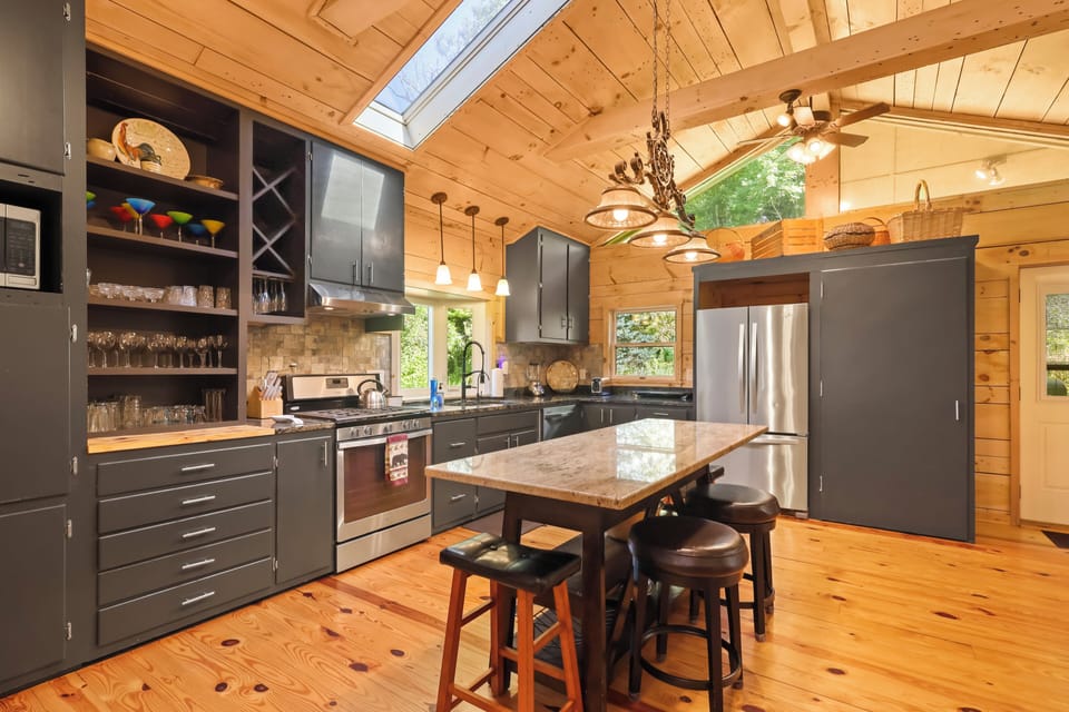 Custom kitchen stocked with enough supplies to get your trip started off right.