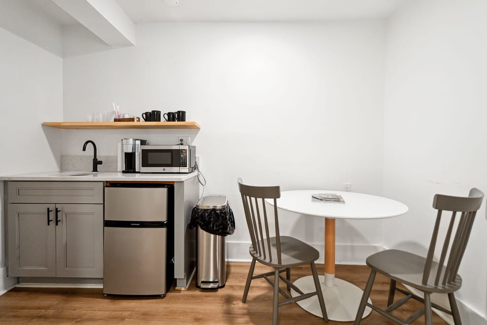 Microwave, Mini-fridge, and Coffee station