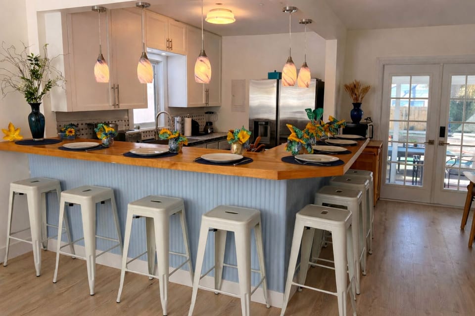 Open kitchen with ample countertop dining.