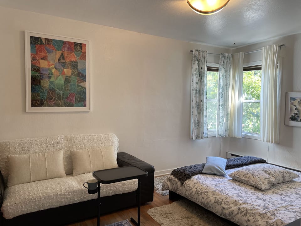 Bedroom: 6’ futon, lap desk, queen size bed