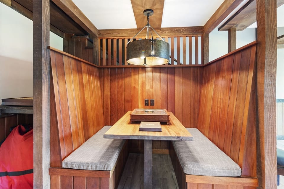 Cozy booth for playing Clue and Scrabble