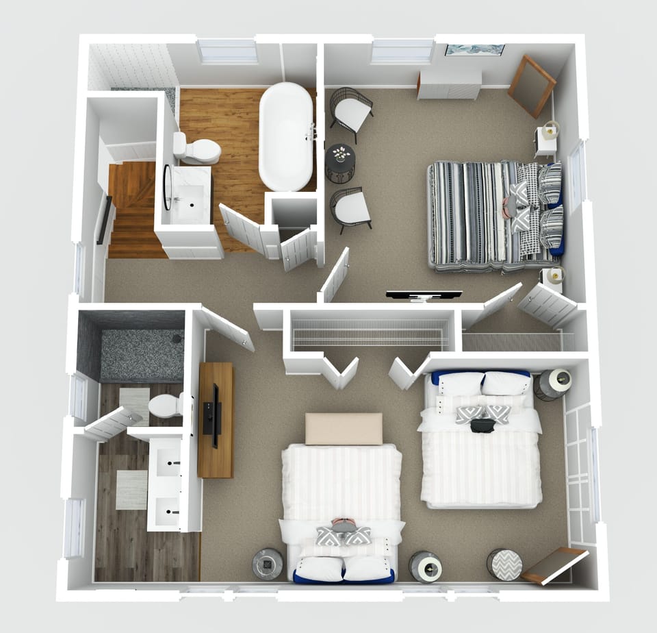 Upper level - 2 bedrooms and 2 bathrooms (showers and large soaking tub).