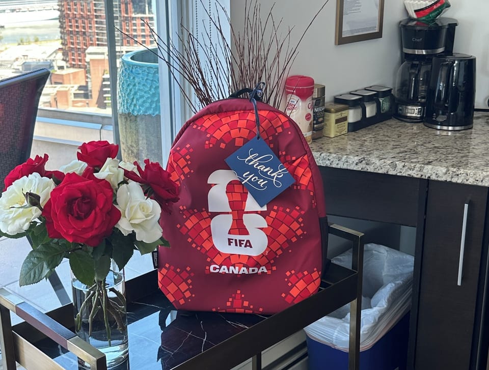 if you book in for July 7 (last FIFA World Cup game in Vancouver) we are including this Fifa World Cup souvenir backpack for you.