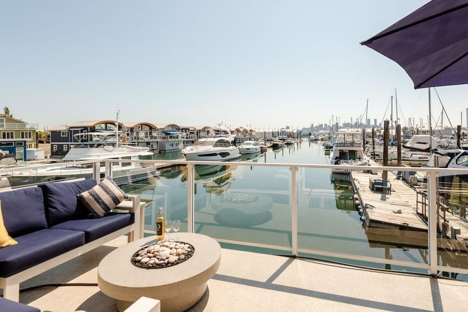 Looking out towards the city and other floating homes, as well as some of the million dollar decorations (yachts) in our area of the marina.