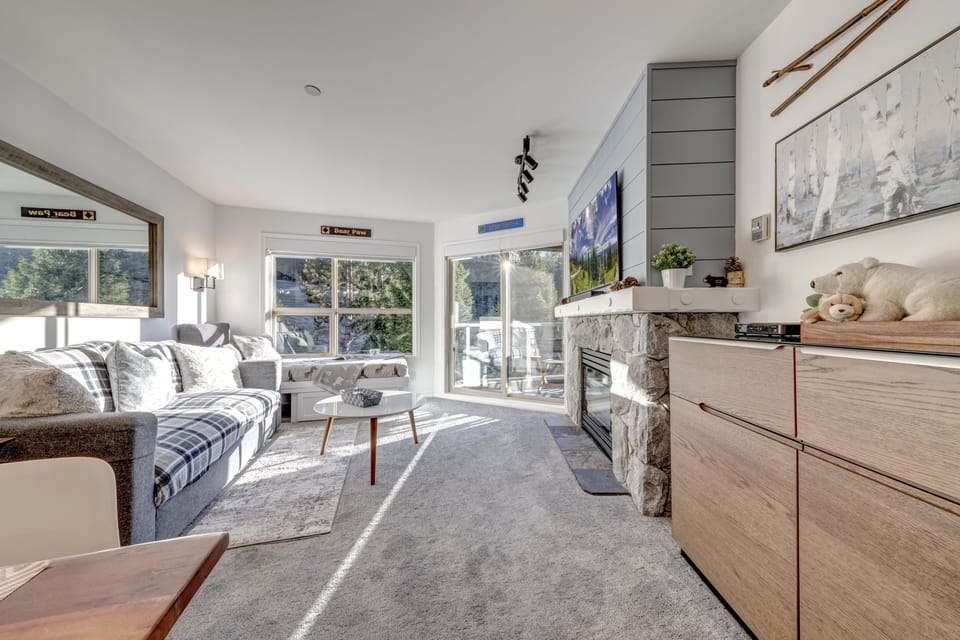 Facing the fireplace and living room.