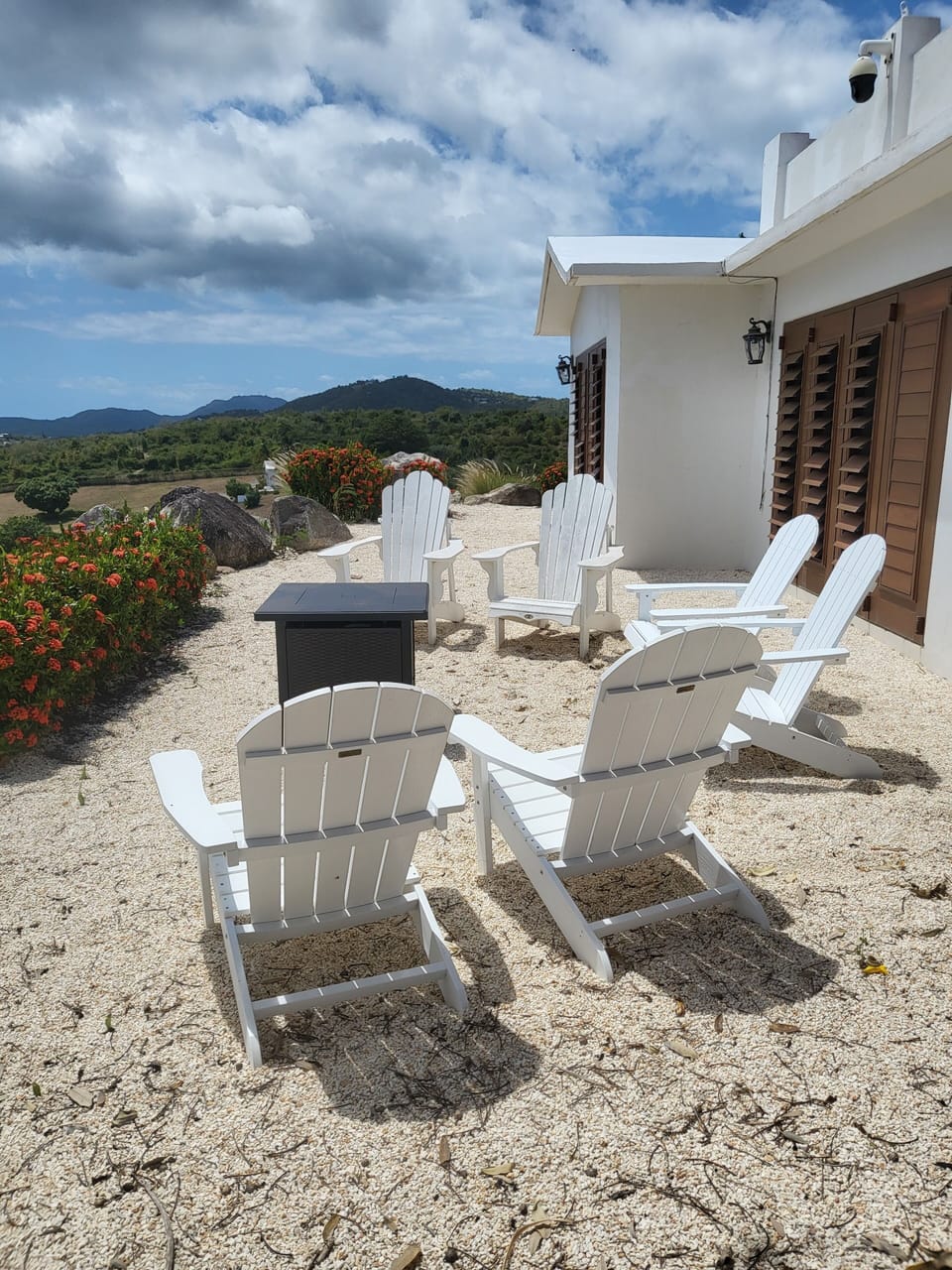 Rock House seating area with propane FirePit