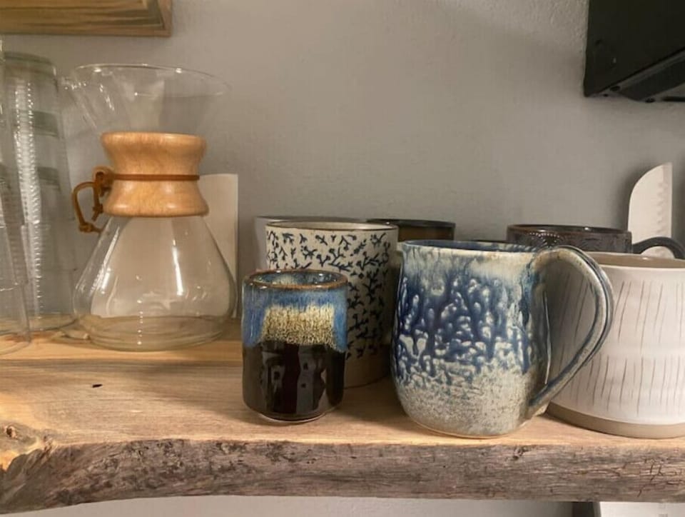 Kitchen Chemex pour over coffee maker,  unique mugs so you know yours =)