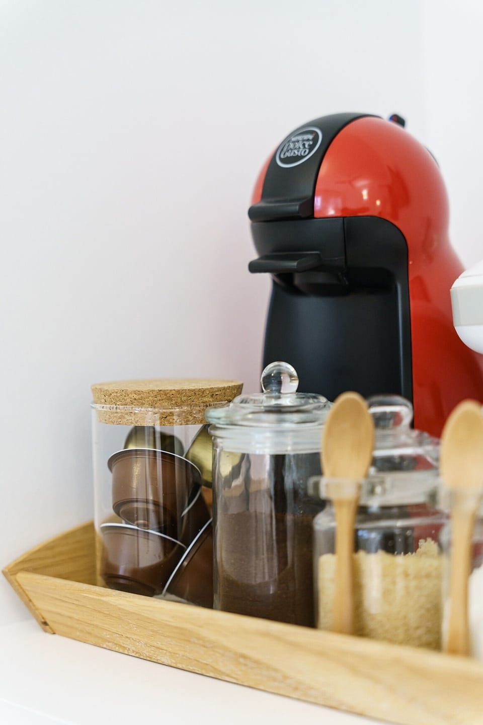 We provide espresso pods, tea/chamomile, milk sachets, sugar and still water.