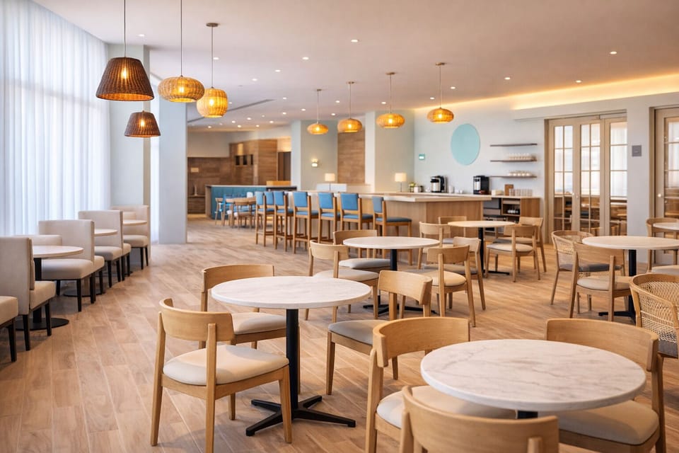 Share long breakfasts at community tables under warm lighting.