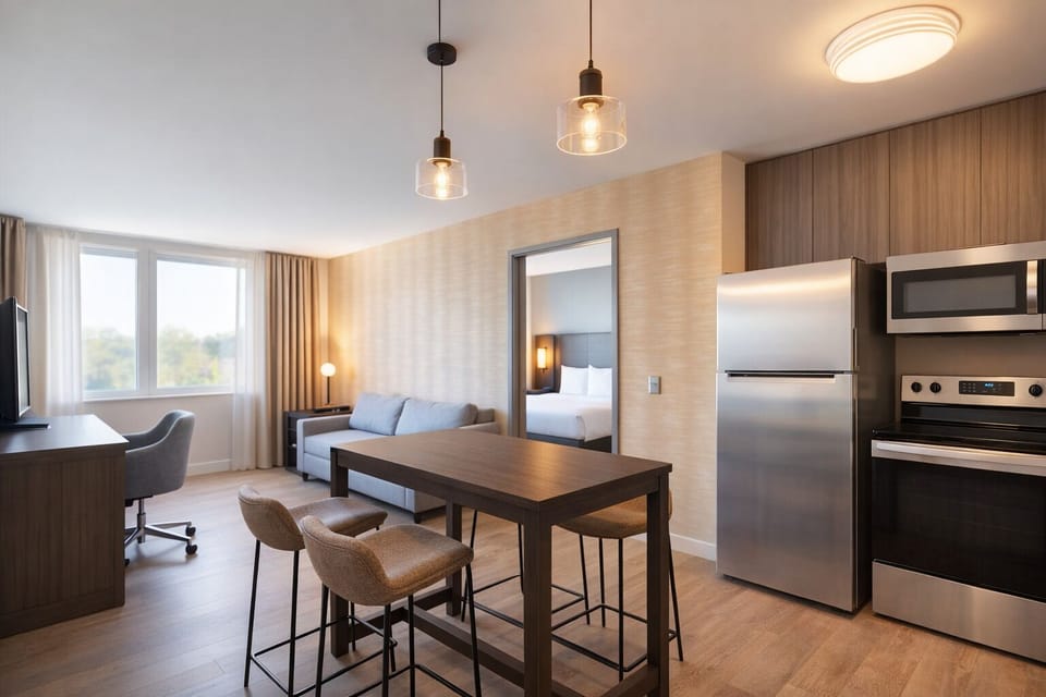 Settle into the airy suite with space to work and lounge.