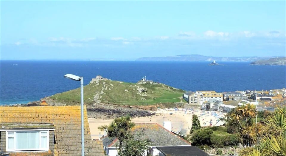 View to Porthmeor beach, the island and Godrevy lighthouse from the apartment