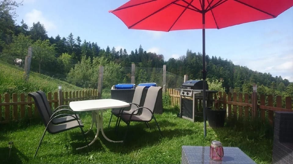 Gas grill (gas available) with table and chairs