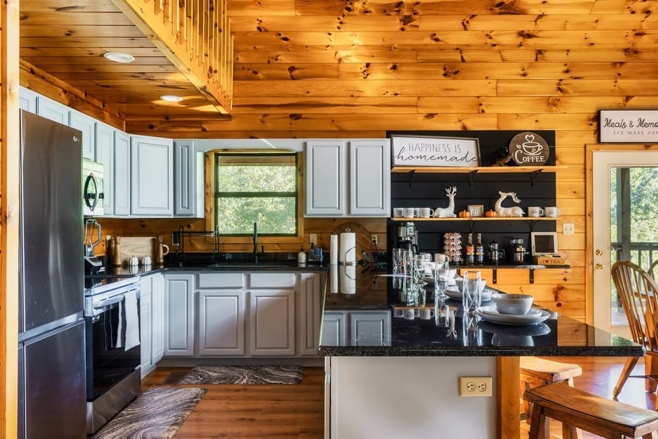 Our fully stocked, newly updated kitchen makes meal prep a breeze!