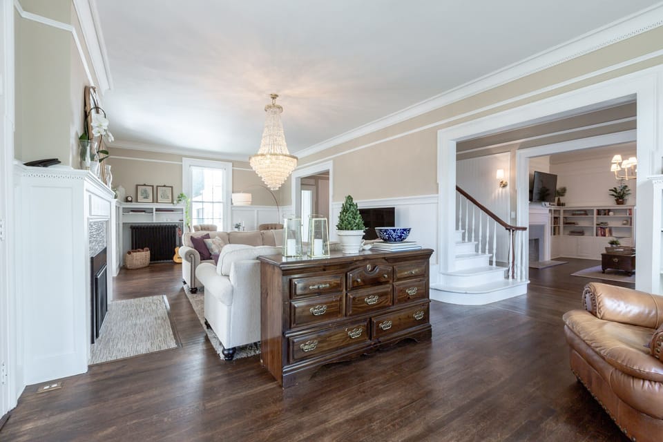 Living room chandelier fireplace