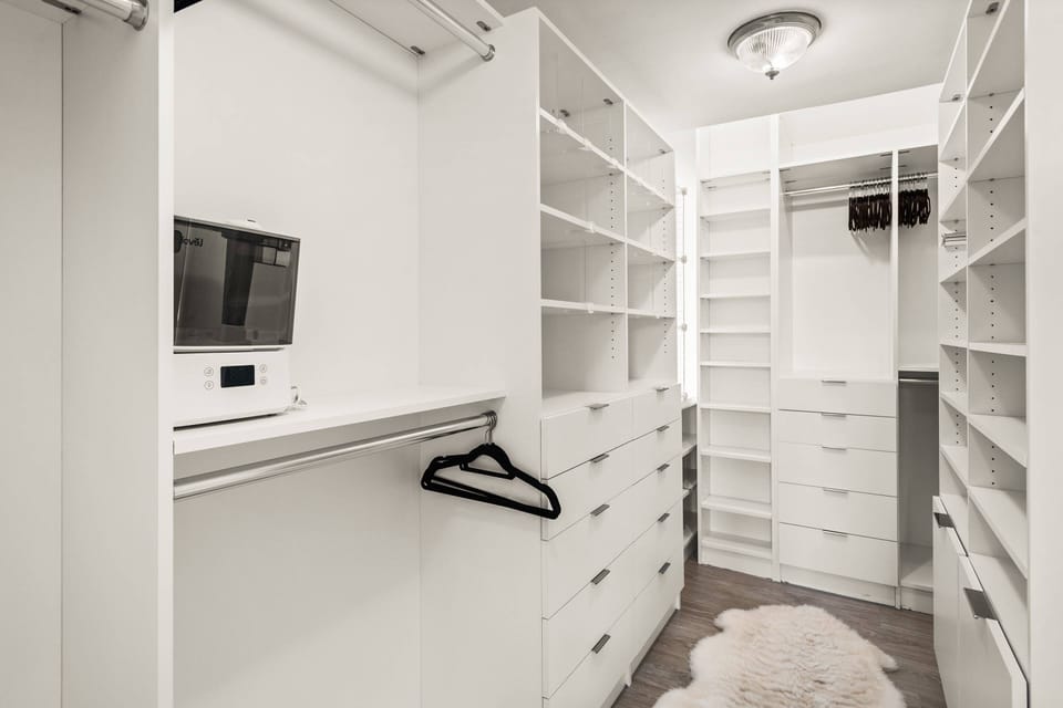 The master bedroom has a spacious walk-in closet.
