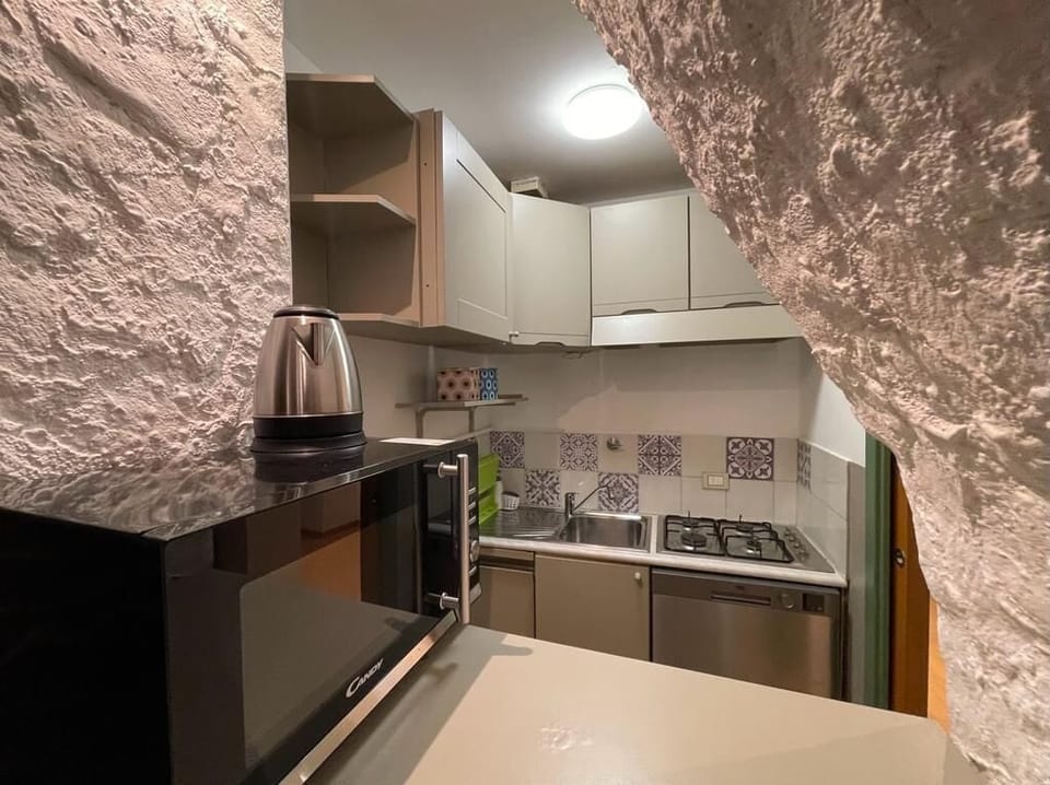 Kitchen with microwave, stove, dishwasher and fridge