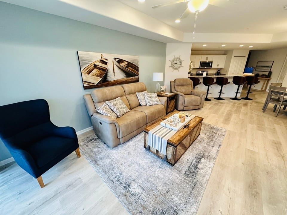 Open concept design from the living room to the kitchen and dining area.