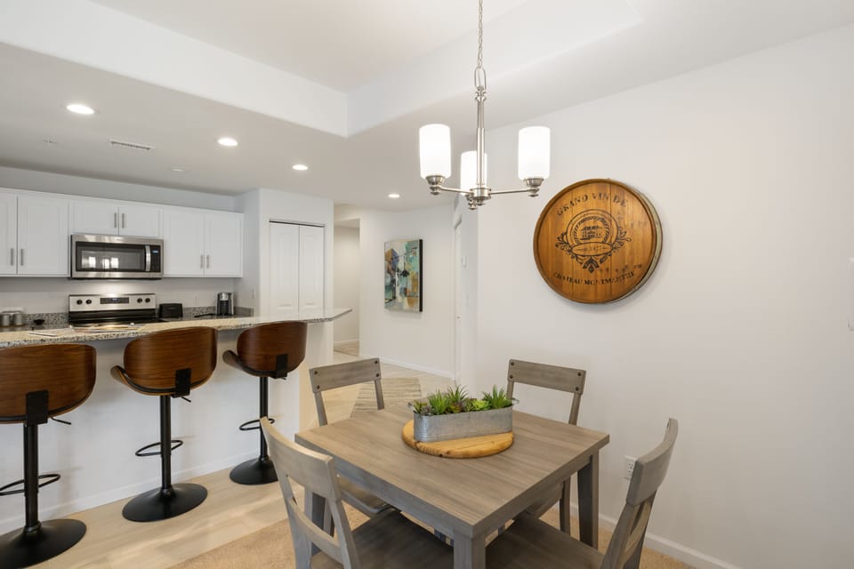 Dining options such as dining table and counter top.
