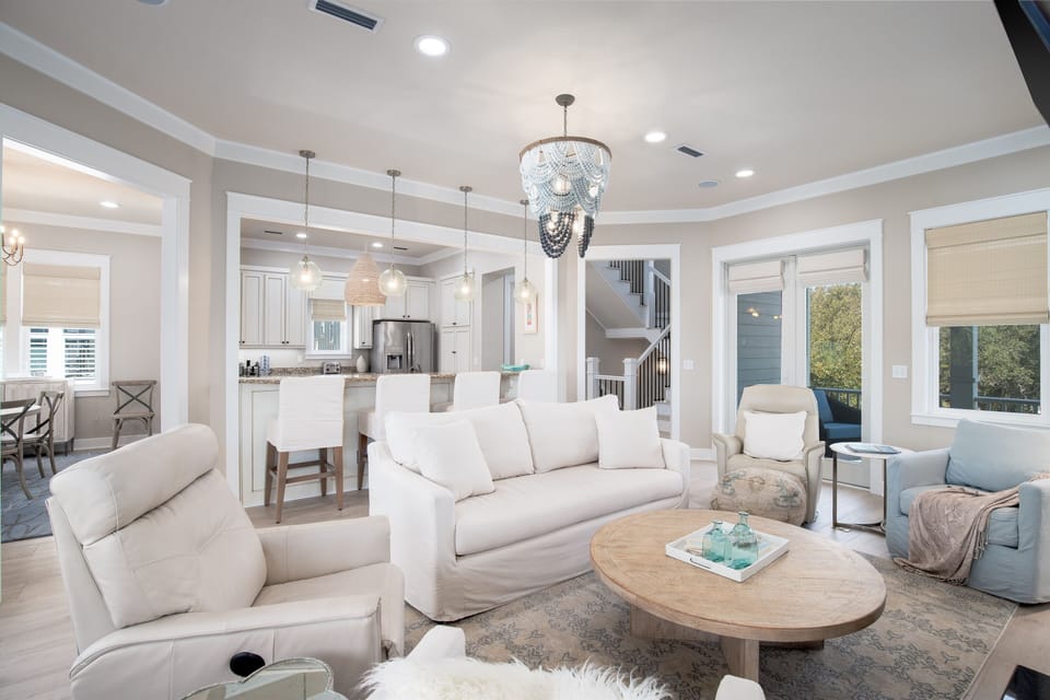 The main living area is located on the second floor and offers plenty of comfortable seating along with beautiful views.
