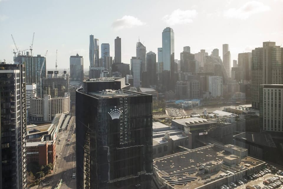 The apartment enjoys views of Southbank buildings, beautiful skies and glimpses of the Yarra River. 