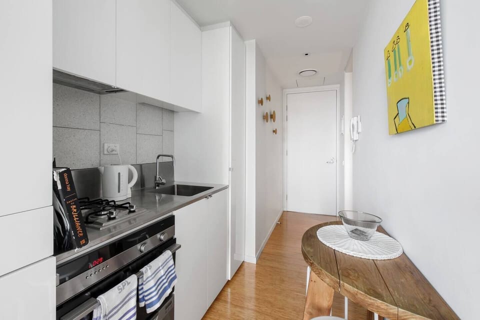 The streamlined kitchen has all the essentials needed to cook up meals at home.