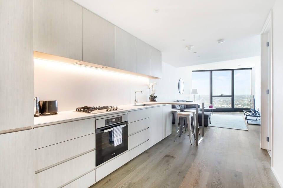The modern, streamlined kitchen has the basics you need to prepare meals at home.