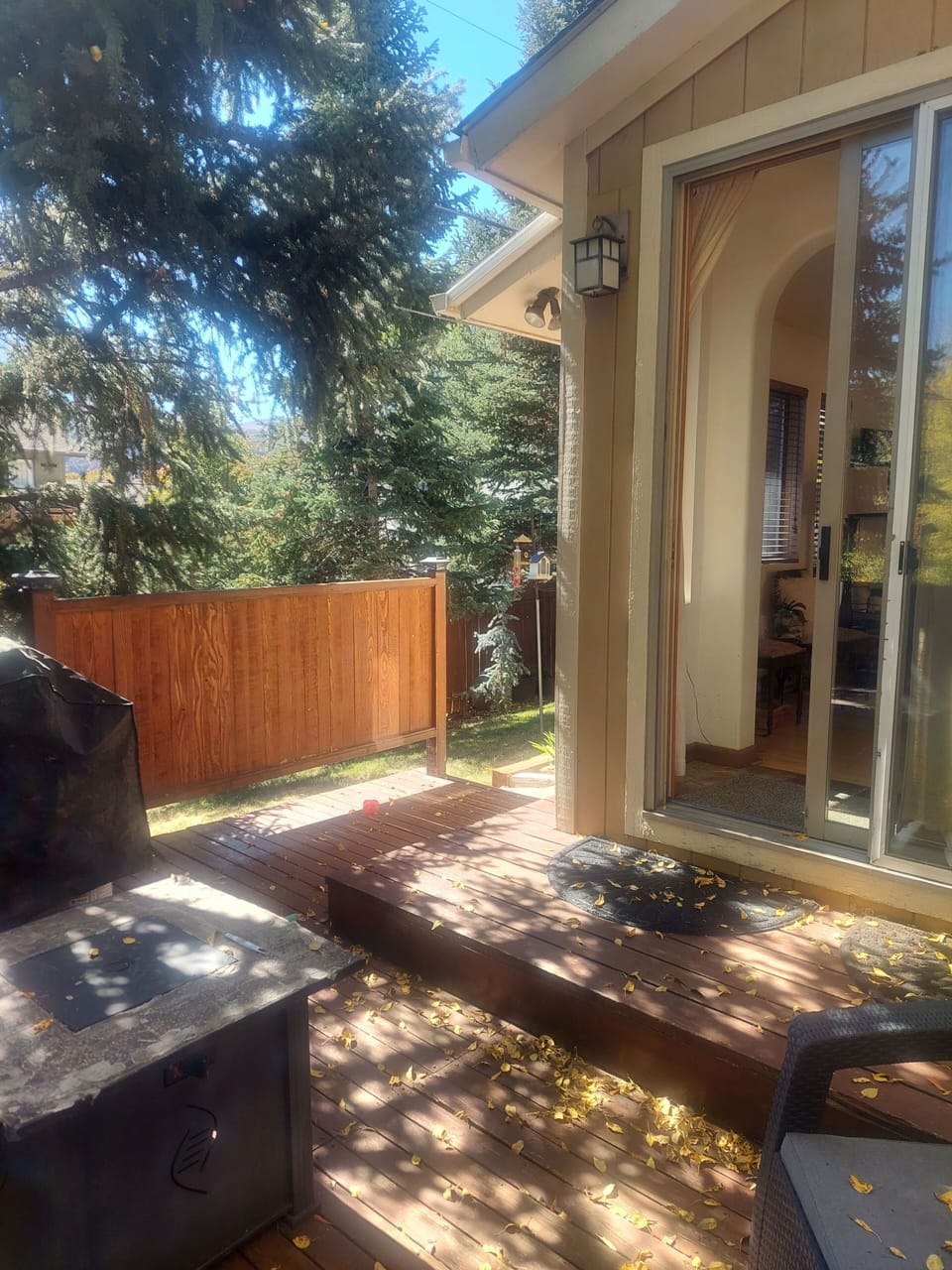 East wing patio/yard with seating area and gas grill and utencils
