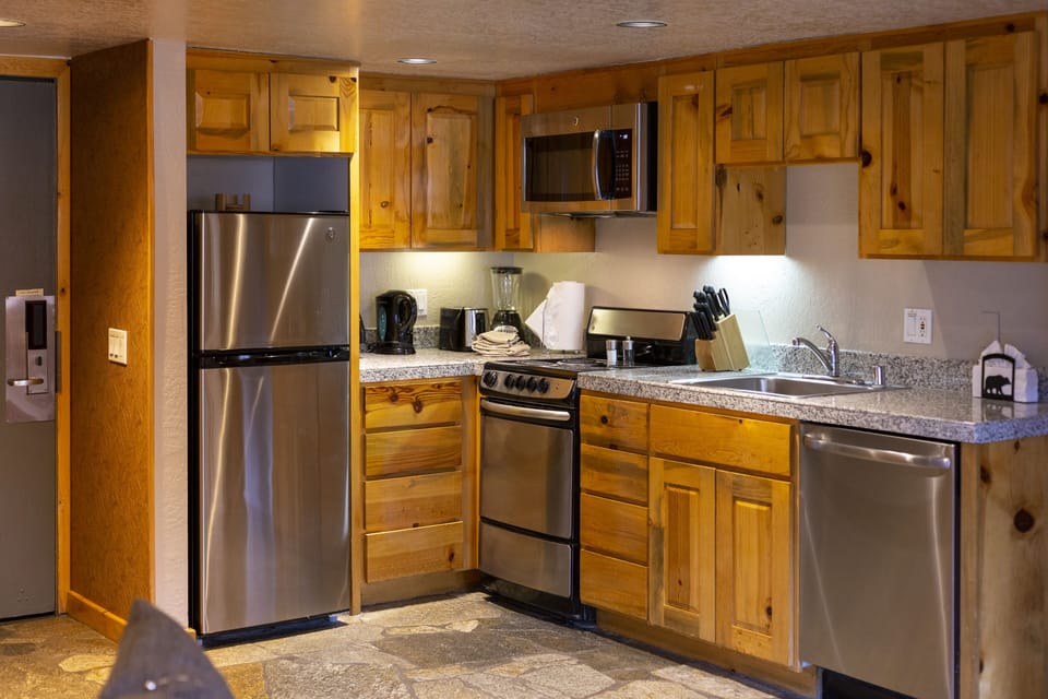 Cook easy meals in the warm kitchenette with full-size appliances.