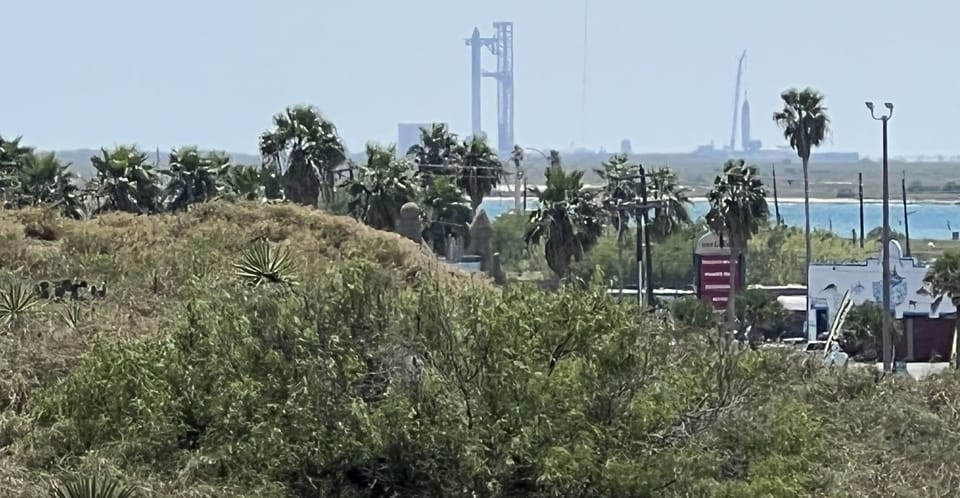 Patio view of SpaceX Superheavy/Starship on the pad ready to launch
